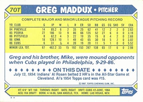 1987 Topps trocou beisebol #70T Greg Maddux Rookie Card