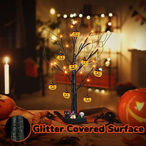 Peiduo 2 pés Black Halloween Tree com 24 luzes de laranja e 8 ornamentos de árvore de halloween de abóbora iluminam a árvore dos bonsai com timer para decorações de Halloween
