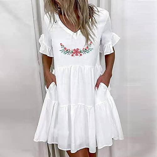 Mini vestido de vestido feminino linho de algodão balanço de vestido de manga curta vestidos de borboleta de manga curta