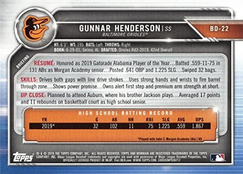 2019 Bowman Draft Baseball BD-22 Gunnar Henderson Pré-Rookie Card-1st Bowman Card
