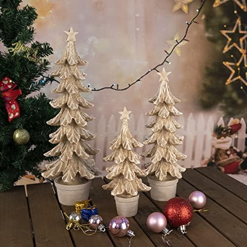 Decorações de Natal de Goldfeng estatueta de árvore interna 3pcs, árvore de Natal Conjunto de mesa de mesa de resina ornamental