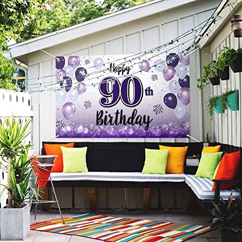 Laskyer Feliz Banner Purple Grande de 90 anos - Cheers a noventa anos de aniversário Home Wall Photoprop Backdrop, decorações