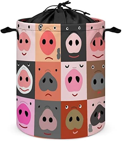 Conjunto de rostos de porcos engraçados cesto de lavanderia com lavanderia de tração de lavanderia sacos de armazenamento para viagens
