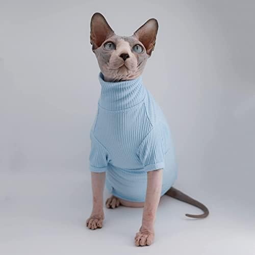 Sfynx Cats sem pêlos Camisa de algodão gato gato de gola alta camisetas de gatinho de gatinho com mangas Pijamas de pm pijamas para Sphynx Cornish Rex, Devon Rex, Peterbald, Blue Sky Blue)