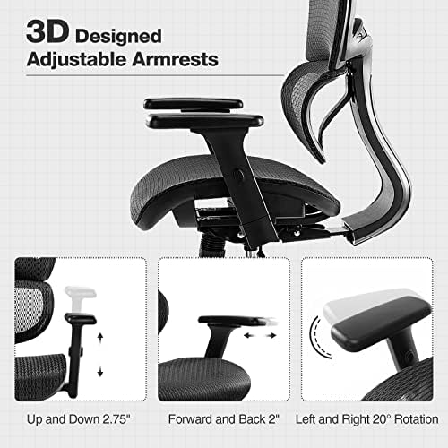 Presidente do escritório ergonômico, cadeira de escritório de malha alta com apoios de braços 3D e apoio de cabeça, cadeira de rolagem