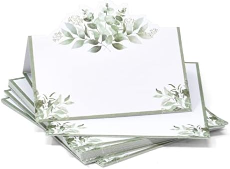 100 pacote eucalyptus vegetação cartões de lugar de lugar verde floral folhas de assento no nome da mesa de casamento da mesa de casamento cartões de barraca dobrada para chá de chá de chá de chá de bebê decorações de festas 2 x 3,5