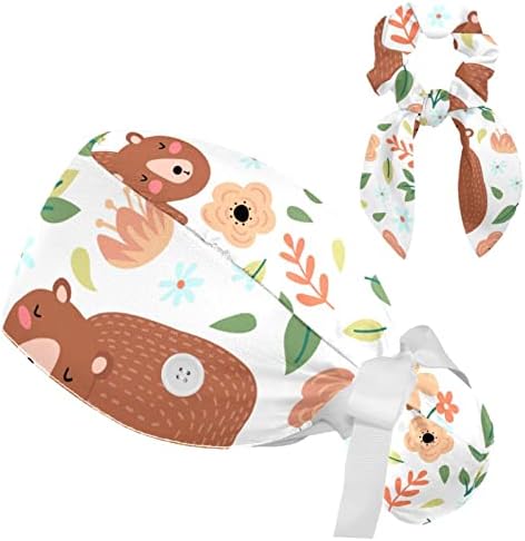 Ursos fofos ajustáveis ​​com tampa de limpeza de flores, capa de cabelo com chapéu de trabalho com bolsa de rabo de cavalo, gorjeta de enfermeira cirúrgica suave