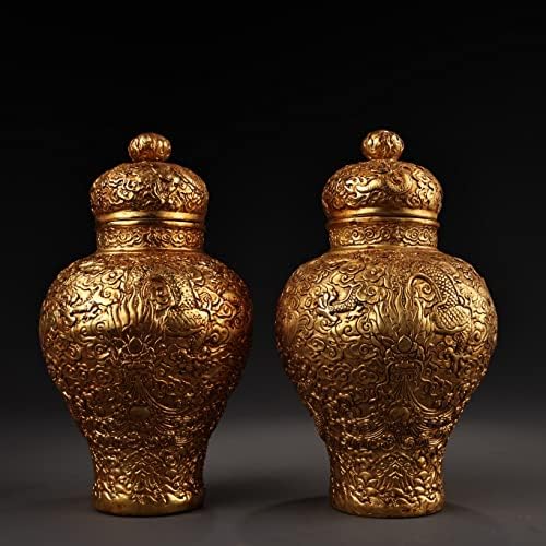7 Coleção do Templo Tibetano Bronze Gilt Relief Auspicicioso Dragon Dragon Play Ball Buddha Jar Storage Jar um par Magic