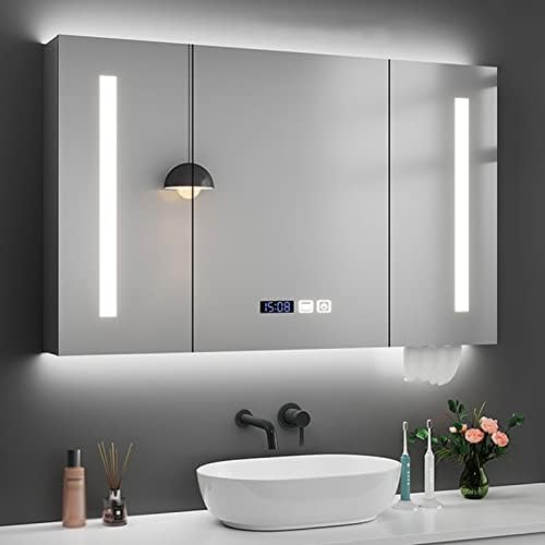 Razzum espelho retângulo LED Cabinete de medicamento de banheiro iluminado com espelho de espelho espelhado com luzes e organizador de armazenamento de desfiladeiro