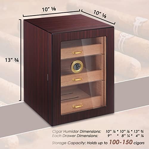 Primezone Handcrafted Cigar Chart Box - Caixa de charutos de madeira de cedro por 100 a 150 charutos com higrômetro