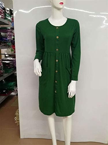 Andongnywell Vestidos para a cor de manga comprida feminina Botão de pescoço da linha A-line Casual, vestido com bolsos