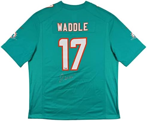 Dolphins Jaylen Waddle assinou camisa de jogo de teal nike com fanáticos de prata - camisas autografadas da NFL