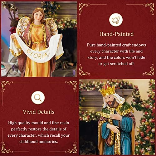 Toetol Nativity Sets para o Conjunto de Natal Indoor de 13 peças de 7,9 polegadas de altura resina estatuetas Sagrada Família com Glory Angel Tabletop Holida