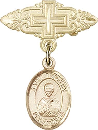 Rosgo para bebês de obsessão por jóias com St. Timothy Charme e Pin de crachá com cruz | Distintivo de bebê cheio de ouro com o