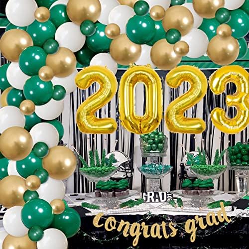 Decorações de festa de graduação em verde e ouro 2023 parabéns decorações de graduação - kit de guirlanda de balão verde com bandeira de graduação para parabéns para a turma da faculdade sênior do ensino médio de 2023 decorações de graduação