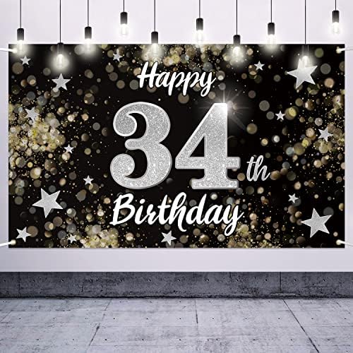 Nelbiirth Feliz 34º aniversário Black & Silver Star Banner grande - Cheers a 34 anos de idade, cenário de parede de parede de aniversário de 34 anos, decoração de festa de 34 anos.