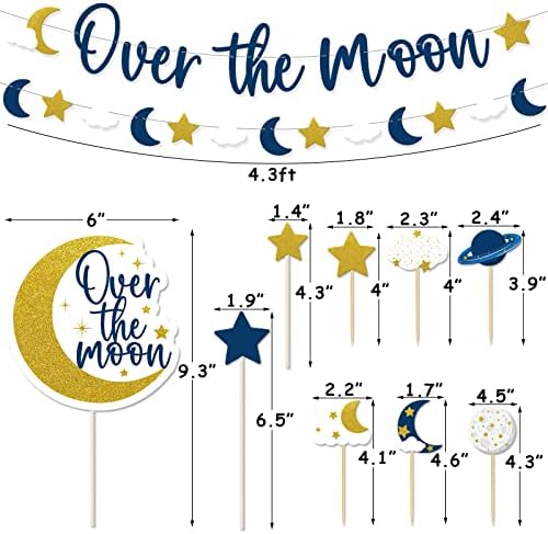 Sinasasspel sobre a lua decorações de chá de bebê espacial banner lua estrela bolo cupcakes cupistas marinho balões de ouro azul