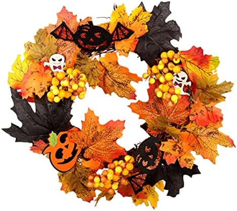 Porta de madeira Light Halloween Artificial Wreath Hanging Party Frente No Ghost - Berries Ornamento com ornamentos de folhas parede de bordo de abóbora de outono incluída para decorações outono em casa (cor: figura 1, siz