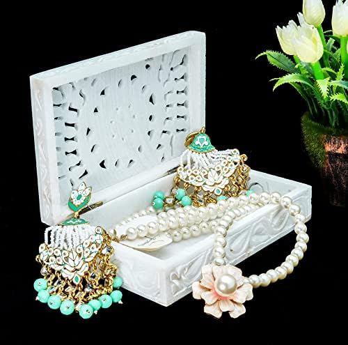 Caixa de jóias de design de flor de mármore branco para pulseiras de mulheres e cobre para mulheres e homens Conjunto de 4 ioga de ioga indiana Jóias de cobre Meditação espiritual Presente ideal para ele e ela