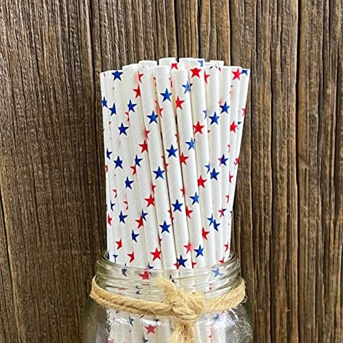 Fora dos papéis da caixa, Branco e azul de papel de papel azul Sacos de presente - Tema patriótico - Dot e Stripe Candy Biscoitos Sacos - Bolsa de presente com alça - Star Paper Straws - 24 sacos e 24 canudos
