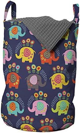 Bolsa de lavanderia de elefantes de Ambesonne, desenho animado do estilo hippie de espiral geométrica de flores, cesto de cesto de cesto com alças fechamento de cordão para lavanderias, 13 x 19, índigo e multicolor