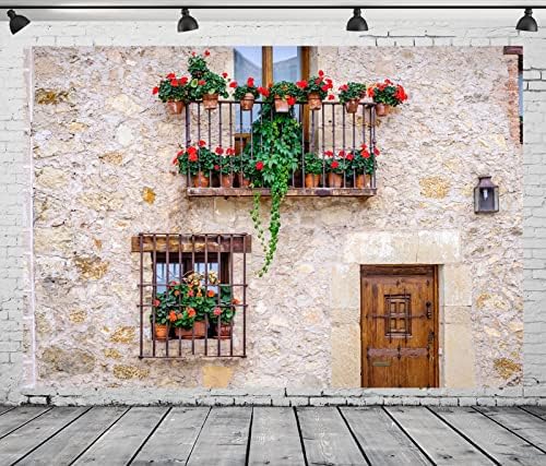 LOCCOR FASTER 15X10FT CENTRO DE Cidade Espanhola para Fotografia Casa Rural Janelas com Flores Antecedentes Decorações de Férias de Viagem Européia Decorações de Partidas em casa
