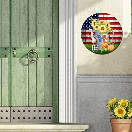 Bandeira americana e abóboras de outono signo de metal redondo vintage placa círculo de metal signo de parede rústica
