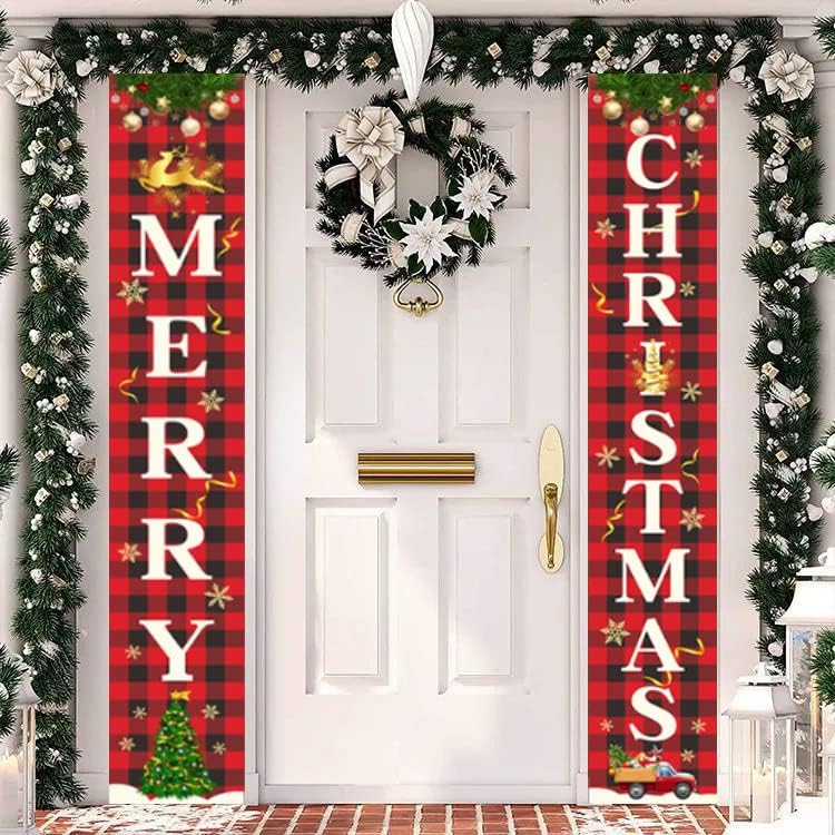 Banner da porta da frente do Feliz Natal PEIFUN, Banners de placas vermelhas da varanda de Natal, decorações de porta de Natal