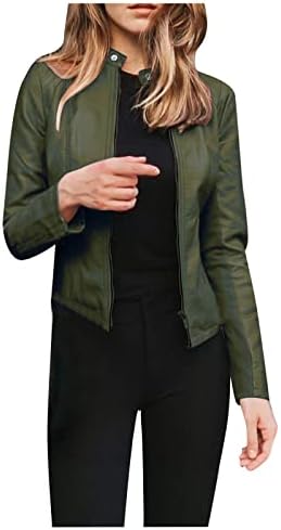 Jaqueta cortada de manga comprida para mulheres de inverno festas casuais lapela camada leve coloração sólida couro falso