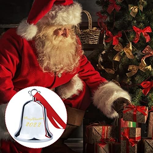 2022 Ornamento anual de sino de Natal - ornamentos de sino metálico para a árvore de Natal ou parede de Natal, decoração de sino pendurado em prata com fita vermelha