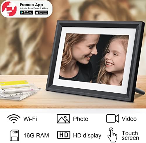 Wi-Fi de quadro digital de 10,1 polegadas de 10,1 polegadas, moldura de foto digital inteligente com tela de toque de 1280x800 IPS, armazenamento embutido de 16 GB, auto-rotate, fácil configuração, compartilhamento de fotos e vídeos via aplicativo FrameO