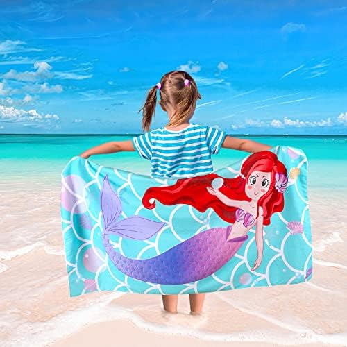 Toalha de praia de sereia, toalha de sereia para meninas de 30 ”x 59” Toalha de praia para criança, microfibra de cobertura de praia macia absorvente seco, piscina de viagem toalha de banho de banho de banho