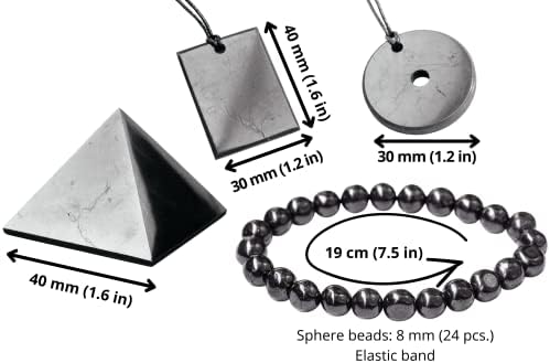 Karelianmasters Shungite Stone Conjunto de Pirâmide 1,6 + 2 PCs. Colar de pingentes + pulseira de contas | Cristal de cicatrização