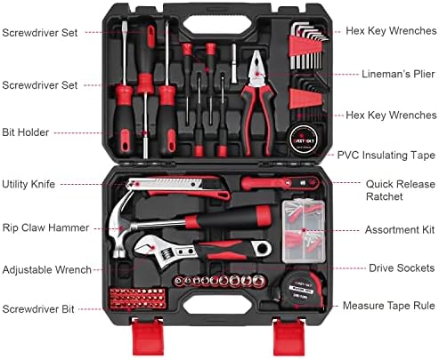Conjunto de ferramentas de reparo em casa de 128 peças do Eastvolt, conjuntos de ferramentas para proprietários de imóveis, conjunto geral de ferramentas para as mãos domésticas com caixa de ferramentas de armazenamento, EVHT12801, preto + vermelho