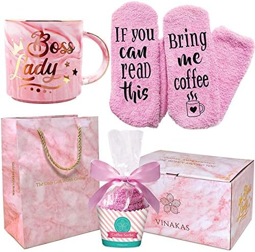 Vinakas Boss Lady Gifts for Women - 12oz de caneca de café com cerâmica rosa de 12 onças com meias difusas e engraçadas