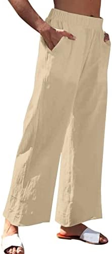 Calças de linho de algodão casual de verão para mulheres calças largas de perna larga com cintura alta com bolsos com calças de conforto
