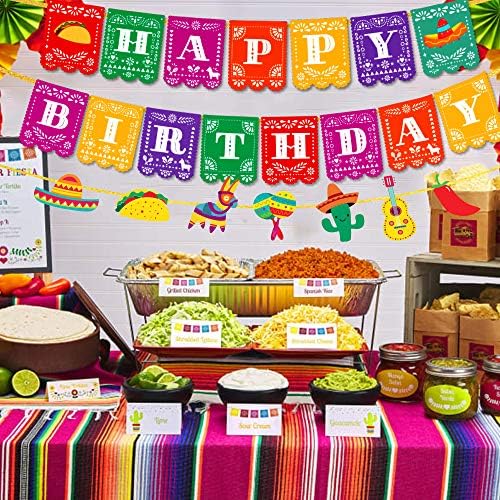 Kreatwow Fiesta Feliz aniversário Banner mexicano Papel Picado Garland para Cinco de Mayo Taco Decorações