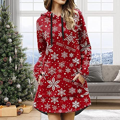 Mulheres com capuz vestidos vermelhos vestidos de Papai Noel Claus Prindades de camiseta drawtring mini vestido de joelho com bolsos