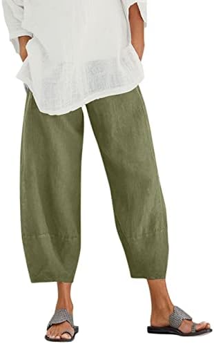 Calças de linho de Harpily para mulheres, bolsos casuais de verão linho de algodão largura as calças elásticas de cintura elástica de