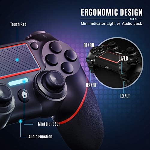PS4 Controlador ORDA Gamepad sem fio para PlayStation 4/pro/slim/PC e laptop com motores de movimento e função de áudio, mini indicador de LED, cabo USB e anti -deslizamento - vermelho