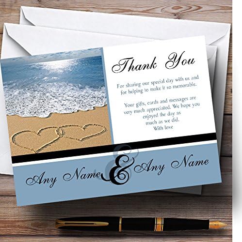 Amor coração areia praia mar de casamento personalizado cartões de agradecimento