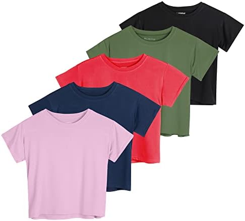 5 Pacote: Top da colheita feminina para feminino - Manga curta Camiseta atlética do pescoço de manga curta