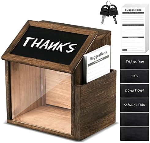 Caixa de sugestão de madeira com bloqueio 6 quadro -negro 100 cartões de sugestão de gabinete de doação de doação de doação caixa de coleta da caixa de coleta de coleta de coleta da caixa de votação com slot para sugestão Comentário