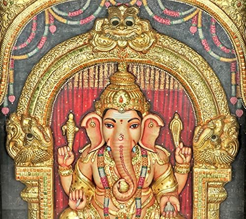 Índia exótica 37 x 52 Pintura de Ganesha Tanjore com grande moldura de porta tradicional de madeira | Tradicional c