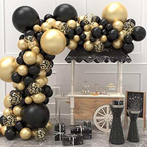 Joyypop Black and Gold Balloon Garland Arch Kit com 5 polegadas+10 polegadas+12 polegadas+18 polegadas Balões de confete de látex de ouro e preto de 18 polegadas para a festa de formatura Anniversary Birthday Birthday
