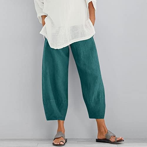 Calças capréns de linho de algodão feminina, conforto casual de pernas largas Palazzo Yoga Capris Summer Summer Trendy Baggy Pants
