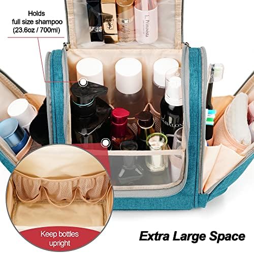 Bolsa de higiene pessoal de viagens penduradas para homens e homens, 6 compartimentos organizadores, bolsa extra grande de produtos de higiene pessoal, bolsa cosmética do banheiro, bolsa de maquiagem resistente à água, shampoo de tamanho completo, azul