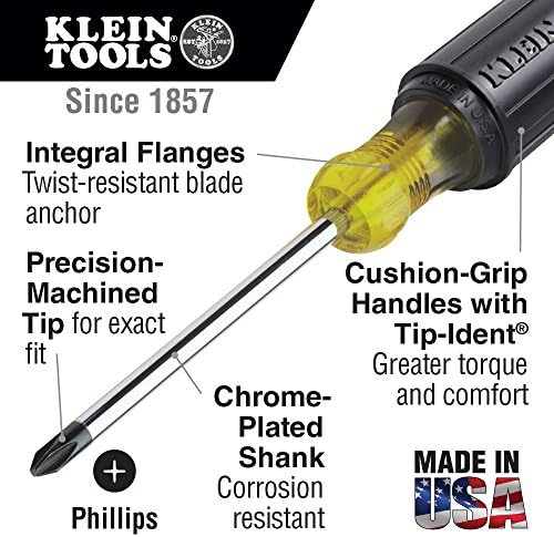 Klein Tools 603-4 Chave de fenda, 2 Phillips Tip com alça de alça de almofada, chave de fenda de eletricista usinada de precisão,