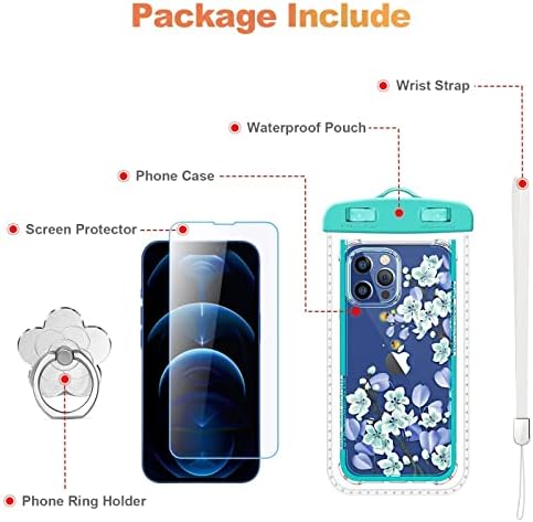 [5-in-1] Roseparrot iPhone 12 Case e iPhone 12 Pro Case com protetor de tela + suporte para anel + bolsa à prova d'água, limpa com design de padrão floral, cobertura protetora suave e flexível