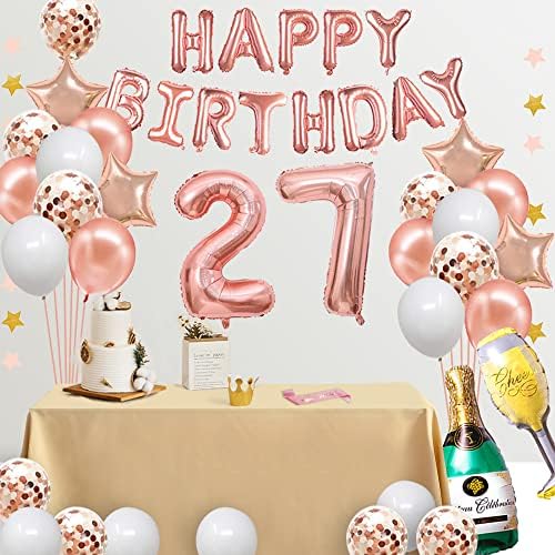 FancypartyShop Decorações de 27º aniversário - Balão de Feliz Aniversário de ouro rosa e faixa com o número 27 Balloons Latex Confetti